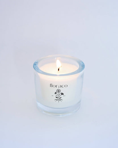 NEW Floraco Glass Candle: Cedarwood, Sandalwood, Iris and Cardamom: Petite - The Look and Co