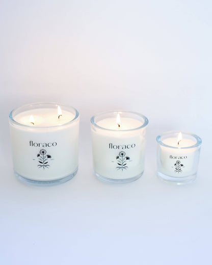 NEW Floraco Glass Candle: Cedarwood, Sandalwood, Iris and Cardamom: Petite - The Look and Co